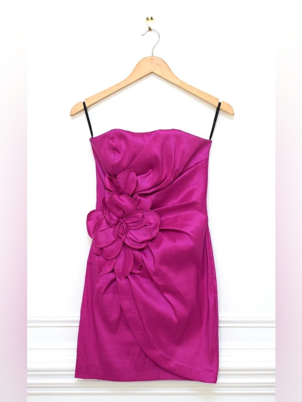 Vintage Y2K 3D Floral Rosette Ruched Strapless Mini Dress Pink Size 4 Cocktail